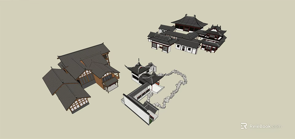 Traditional Ancient Architecture Design With Classic Roofs Courtyard Layout And Structural Details 3d model 