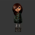 3D Cartoon Character With Long Red Hair Green Coat Yellow Buttons And Gray Boots