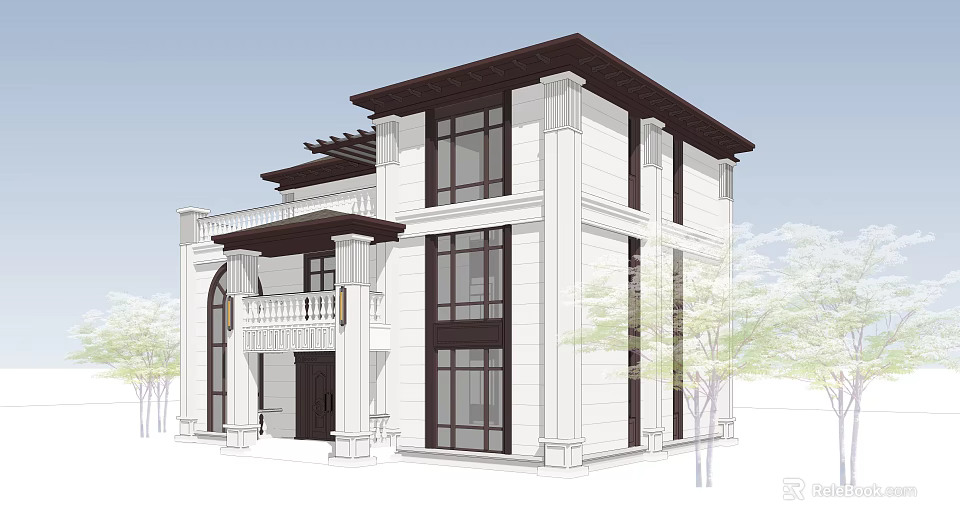 Elegant Detached Villa Exterior Design With White Walls Black Windows And Balcony 3d model 