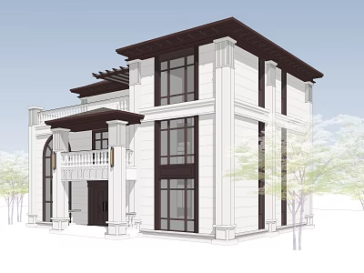 Elegant Detached Villa Exterior Design With White Walls Black Windows And Balcony 3d model