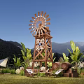 Scenic Xuedi Fengting Windmill Landscape With Mountains Greenery Tents And Blue Sky