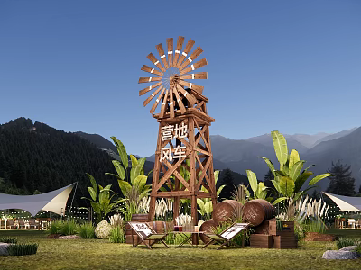Scenic Xuedi Fengting Windmill Landscape With Mountains Greenery Tents And Blue Sky 3d model
