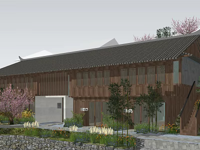 Traditional Wooden Homestay Architecture With Tile Roof Cherry Blossom Trees And Stone Steps 3d model