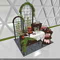 Decorative Display Cabinet Shelf With Green Vines Oranges Floral Decor And Tablecloth