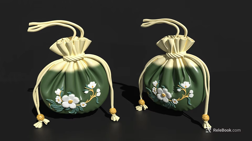 Green Decorative Pendant With White Flower Design And Yellow Tassels Beige Strings 3d model 