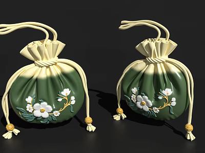 Green Decorative Pendant With White Flower Design And Yellow Tassels Beige Strings 3d model