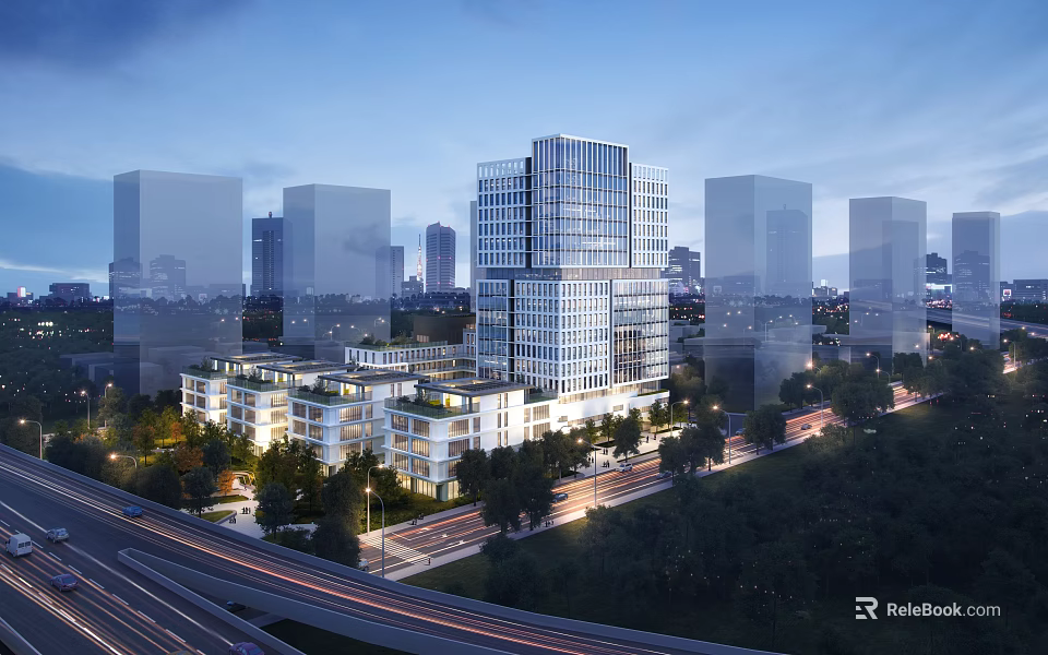 Modern Industrial Park With High Rise Buildings Greenery And Urban Evening Lighting 3d model 