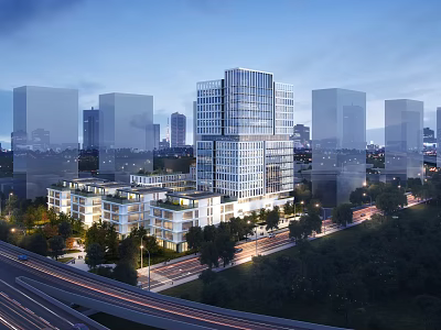 Modern Industrial Park With High Rise Buildings Greenery And Urban Evening Lighting 3d model