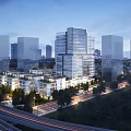 Modern Industrial Park With High Rise Buildings Greenery And Urban Evening Lighting
