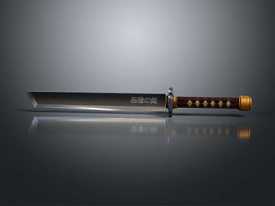 Traditional Samurai Sword With Polished Silver Blade And Wooden Handle Gold Accents 3d model