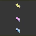 Colorful Winged Creatures in Yellow Pink Orange Green Blue Arranged on Black Background with Reflections