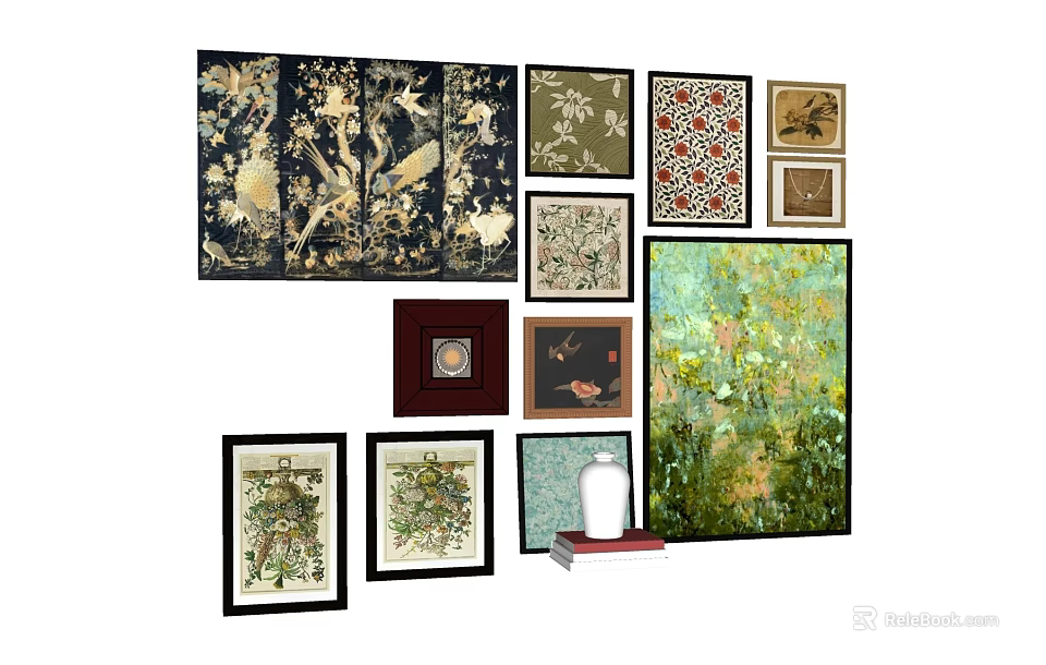 Collection of Assorted Framed Landscape Paintings with Natural Elements and Floral Designs 3d model 