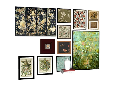 Collection of Assorted Framed Landscape Paintings with Natural Elements and Floral Designs 3d model