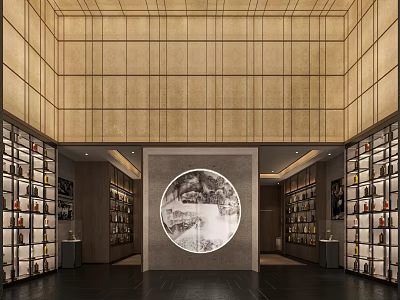 Luxury Tobacco And Alcohol Store Interior With Wooden Walls Circular Artwork Shelves On Both Sides 3d model