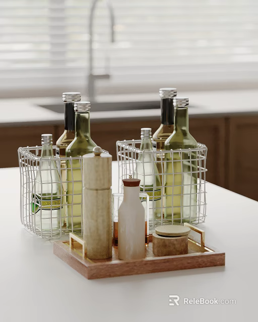 Decorative Ornament Set With Wire Baskets Bottles Wooden Tray Container Small Jar On Kitchen Countertop 3d model 