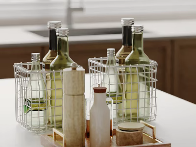 Decorative Ornament Set With Wire Baskets Bottles Wooden Tray Container Small Jar On Kitchen Countertop 3d model