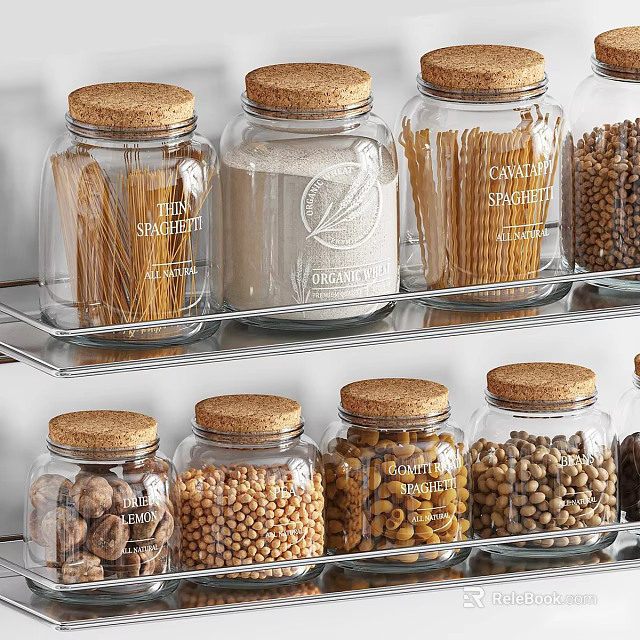 Transparent Glass Spice Jars With Cork Lids Organized On Metal Rack For Dry Ingredients 3d model 