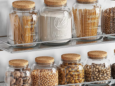 Transparent Glass Spice Jars With Cork Lids Organized On Metal Rack For Dry Ingredients 3d model