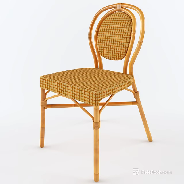 Vintage Rattan Office Chair With Yellow Plaid Cushion And Curved Backrest Design 3d model 