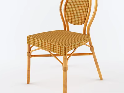 Vintage Rattan Office Chair With Yellow Plaid Cushion And Curved Backrest Design 3d model