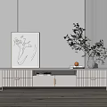 Modern White TV Stand Interior With Decorative Painting Books Vase And Green Plant