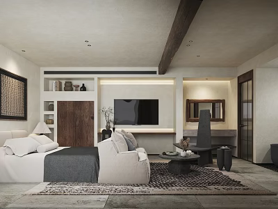 Hotel Room With Modern Minimalist Design Large Bed Sofa TV Wooden Decor And Area Rug 3d model