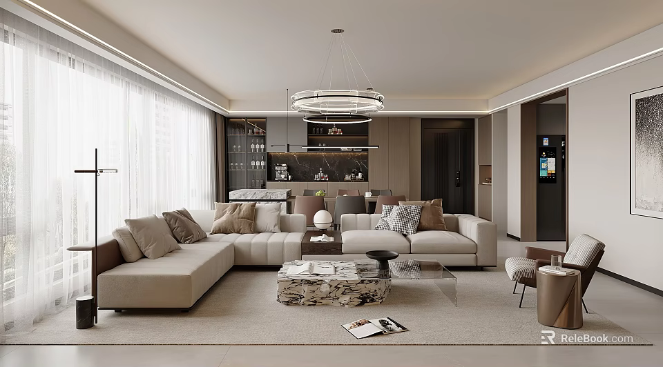 Elegant Modern Living and Dining Room with Open Design Sectional Sofa and Marble Coffee Table 3d model 