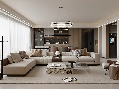 Elegant Modern Living and Dining Room with Open Design Sectional Sofa and Marble Coffee Table 3d model