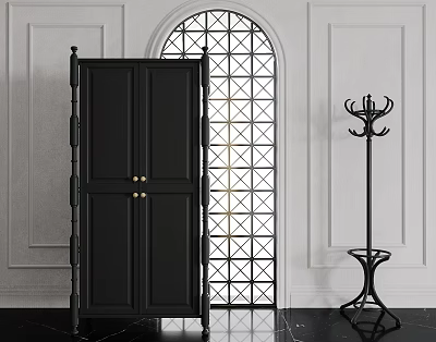 Elegant Black Decorative Cabinet With Brass Handles White Walls Arched Geometric Window And Coat Rack 3d model