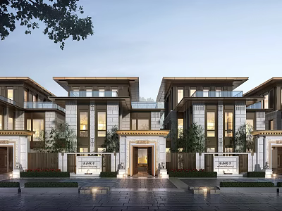 Modern Chinese Style Townhouse Exterior Design With Stone Walls Large Windows And Porch Greenery 3d model