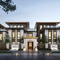 Modern Chinese Style Townhouse Exterior Design With Stone Walls Large Windows And Porch Greenery