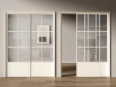 White Sliding Doors With Glass Grid Design One Open In Light Walls Wooden Floor 3d model