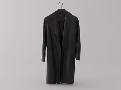 Simple Black Long Coat Hanging On Hanger Against Plain Gray Background 3d model