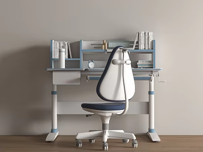 Adjustable Blue White Kids Desk with Bookshelf Books Clock and Ergonomic Chair for Study 3d model