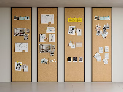 Modern Interior Photo Wall With Multiple Cork Boards And Arranged Photos Notes Papers 3d model
