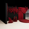 Red Themed Decorative Setup With Flowers Curtains Black Backdrop And Round Platform 3d model