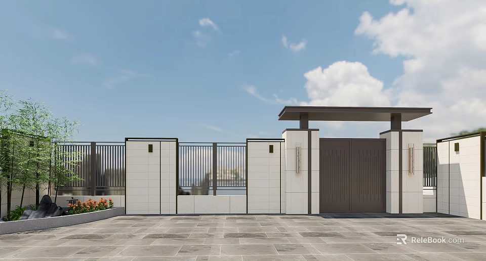 Modern Entrance Gate With White Walls Black Railings Brown Door And Stone Paved Ground 3d model 
