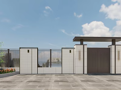 Modern Entrance Gate With White Walls Black Railings Brown Door And Stone Paved Ground 3d model