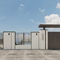 Modern Entrance Gate With White Walls Black Railings Brown Door And Stone Paved Ground