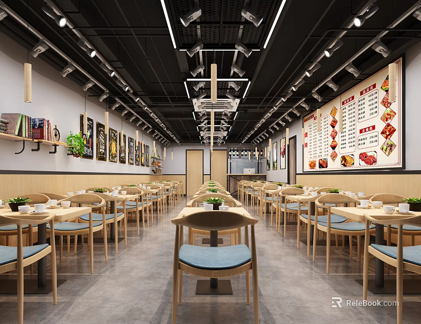 Spacious Restaurant Interior With Wooden Tables Blue Cushioned Chairs Menu Boards Paintings And Green Plants 3d model 