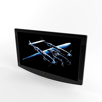 Curved Black TV Screen Displaying Blue Airplane on White Background 3d model