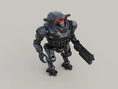 Smart Police Robot With Black Armor Red Eyes And Mechanical Weapon Design 3d model