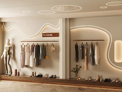 Modern Clothing Store Interior With Mannequin Hanging Clothes Shoes Display And Decorative Plant 3d model