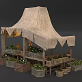 Bonsai Potted Plants at Canvas Canopy Stall with Wooden Boxes Baskets Green Plants Hanging Decorations