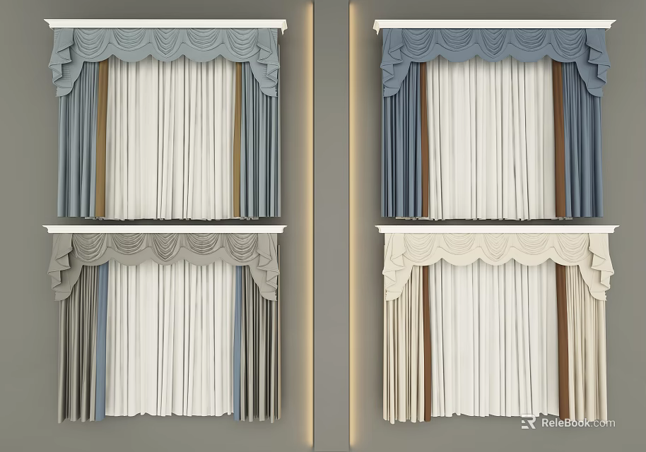 Elegant Home Curtains With Decorative Valances In Blue Gray And Beige Hues 3d model 