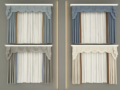 Elegant Home Curtains With Decorative Valances In Blue Gray And Beige Hues 3d model