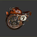 Vintage Red Motorcycle With Rusty Body Number 7 Brown Leather Seat And Exposed Engine