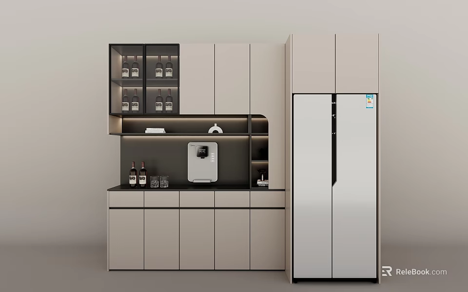 Modern Sideboard With Storage Cabinets Glass Doors And Double Door Fridge 3d model 