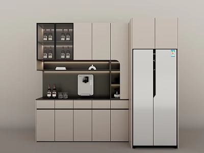 Modern Sideboard With Storage Cabinets Glass Doors And Double Door Fridge 3d model