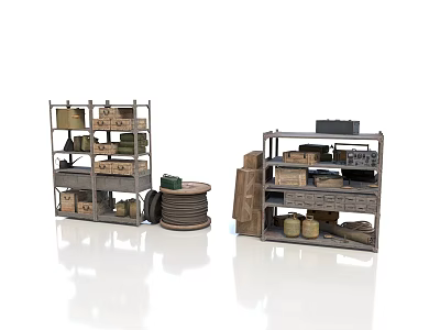 Metal Storage Shelves With Wooden Crates Metal Cans Coiled Cable And Tools 3d model